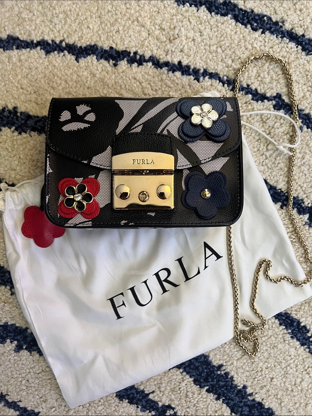Furla limited edition Black Floral Crossbody mini bag with Gold Hardware